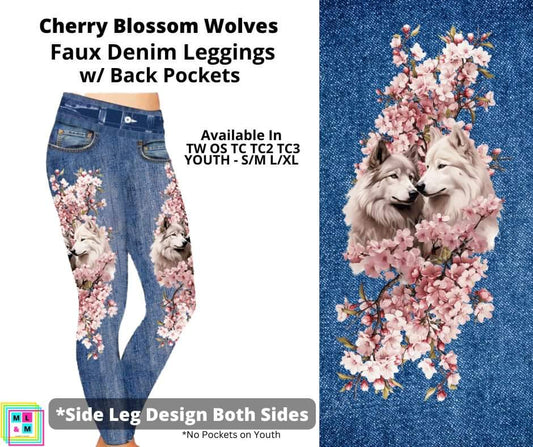Cherry Blossom Wolves Full Length Faux Denim w/ Side Leg Designs