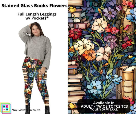 Stained Glass Books Flowers Full Length Leggings w/ Pockets