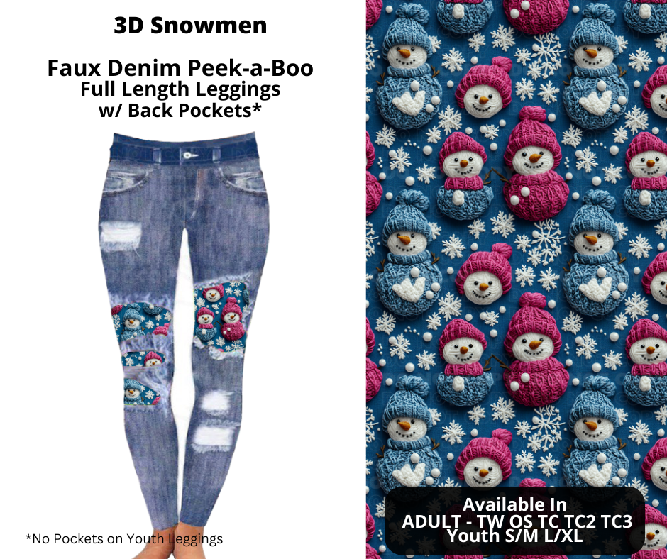 3D Snowmen Faux Denim Full Length Peekaboo Leggings