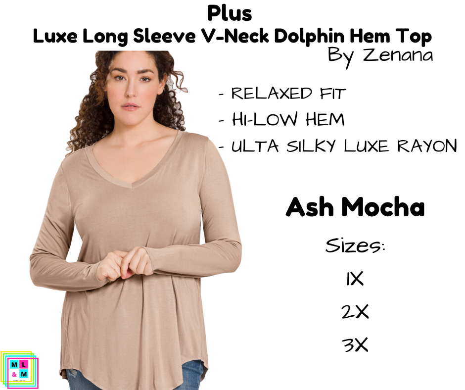 PLUS Luxe Long Sleeve V-Neck Dolphin Hem Top - Ash Mocha