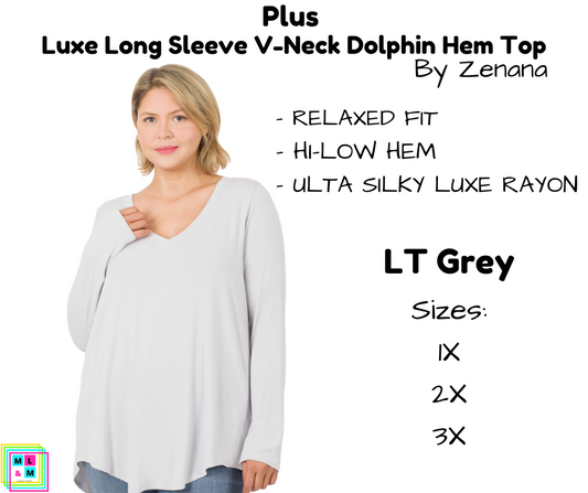 PLUS Luxe Long Sleeve V-Neck Dolphin Hem Top - LT Grey