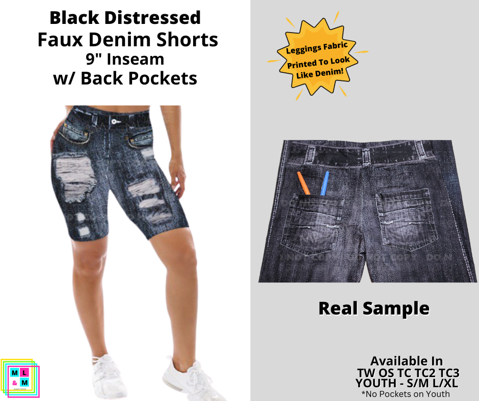 Black Distressed 9" Faux Denim Jamaica Shorts