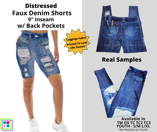 Blue Distressed 9" Faux Denim Jamaica Shorts