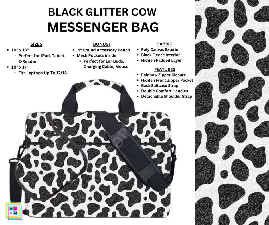 Black Glitter Cow Messenger Bag