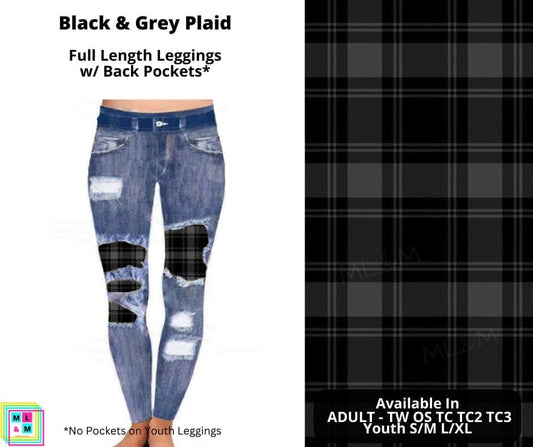 Black & Grey Plaid Faux Denim Full Length Peekaboo Leggings