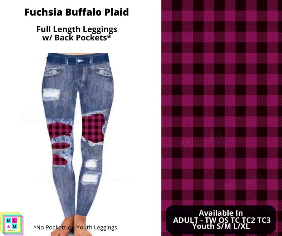 Fuchsia Buffalo Plaid Faux Denim Full Length Peekaboo Leggings