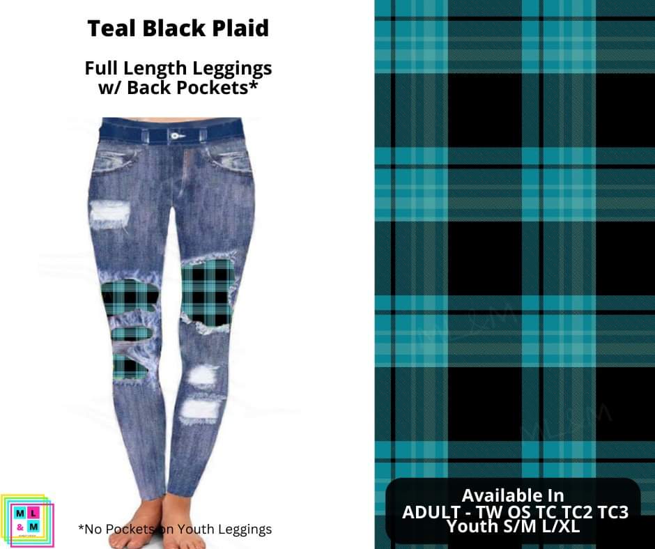 Teal Black Plaid Faux Denim Full Length Peekaboo Leggings