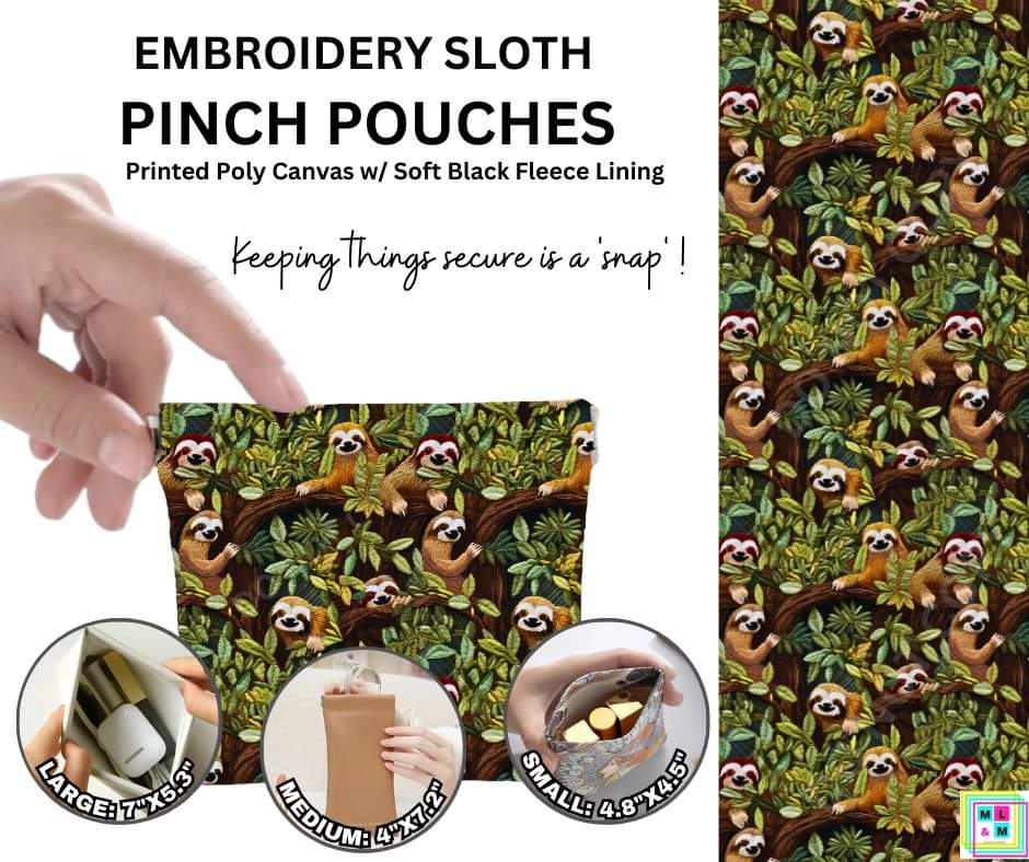 Embroidery Sloth Pinch Pouches