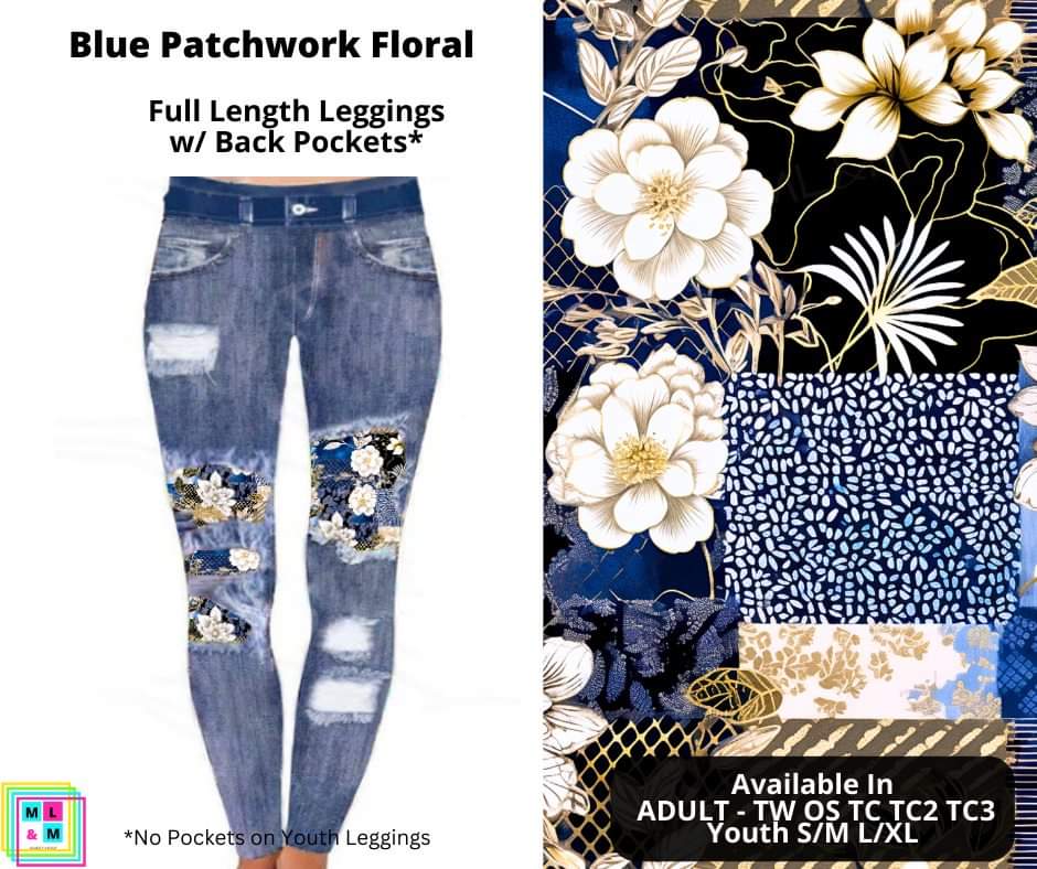 Blue Patchwork Floral Faux Denim Full Length Peekaboo Leggings
