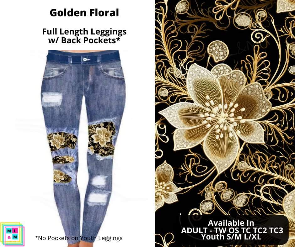 Golden Floral Faux Denim Full Length Peekaboo Leggings