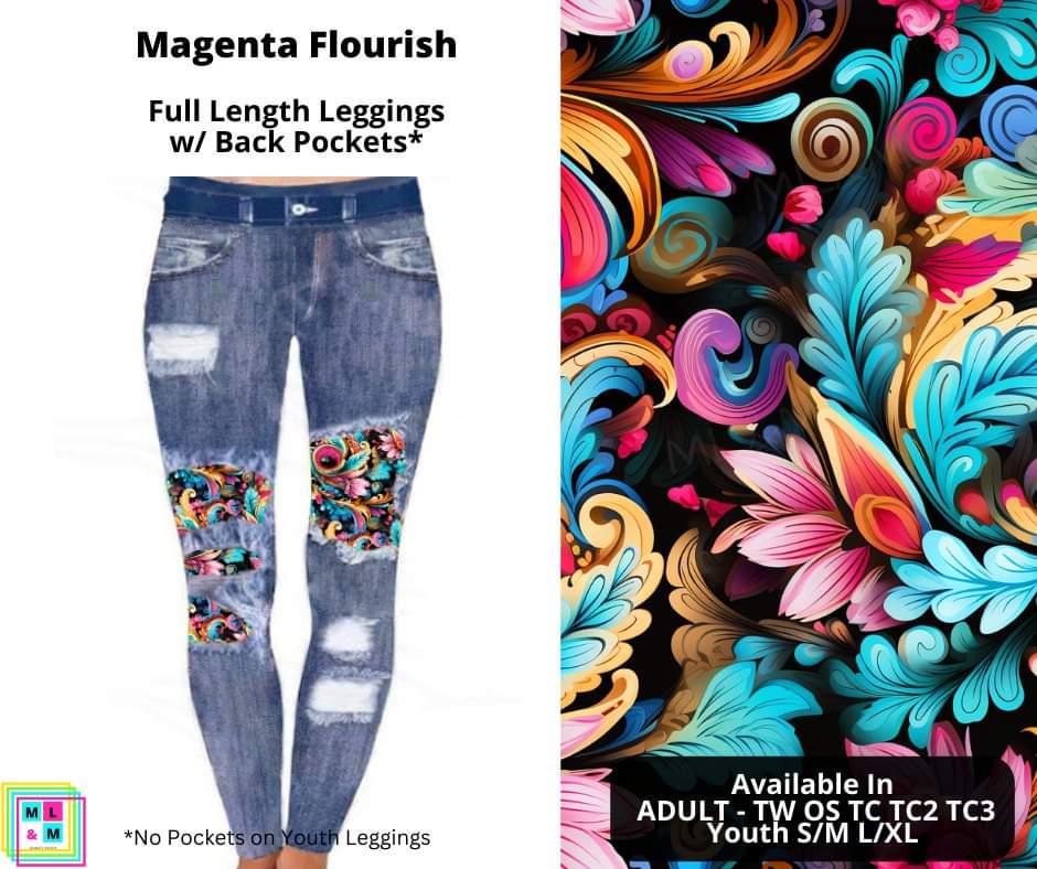 Magenta Flourish Faux Denim Full Length Peekaboo Leggings