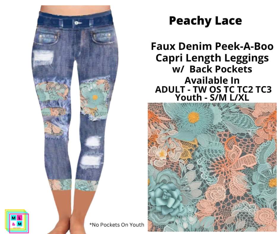 Peachy Lace Faux Denim Capris