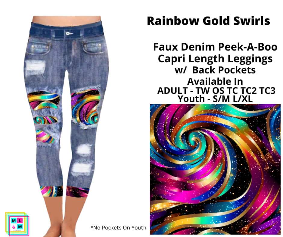 Rainbow Gold Swirls Faux Denim Capris