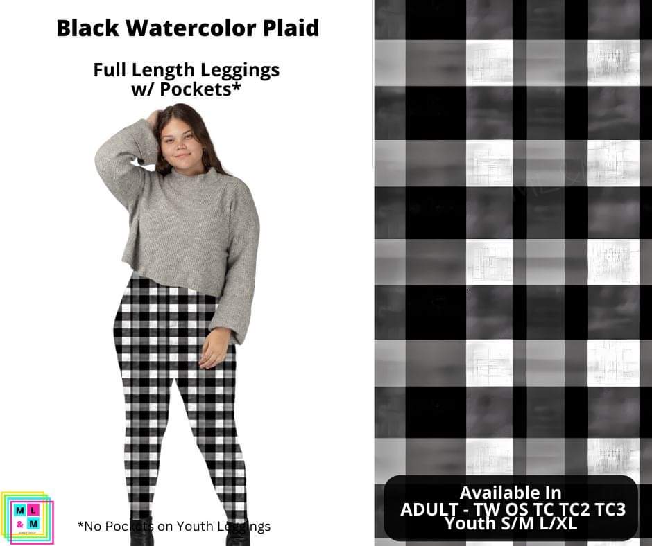 Black Watercolor Plaid Full Length Leggings w/ Pockets