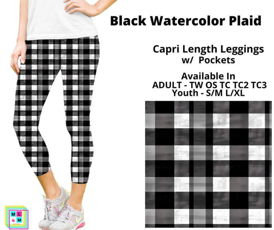 Black Watercolor Plaid Capri Length w/ Pockets