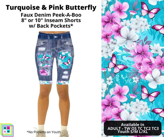 Turquoise & Pink Butterfly Faux Denim Shorts