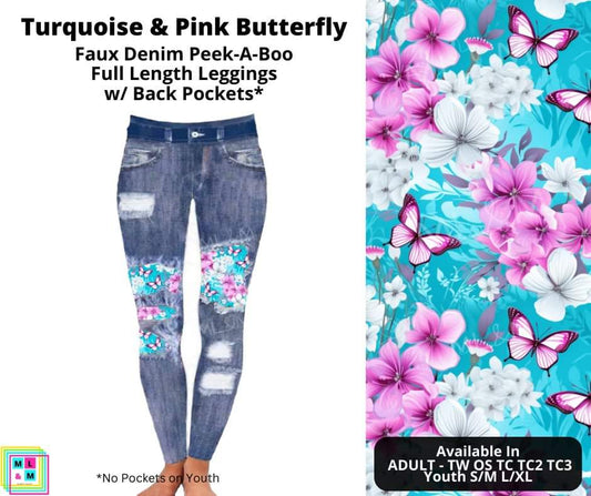 Turquoise & Pink Butterfly Faux Denim Full Length Peekaboo Leggings