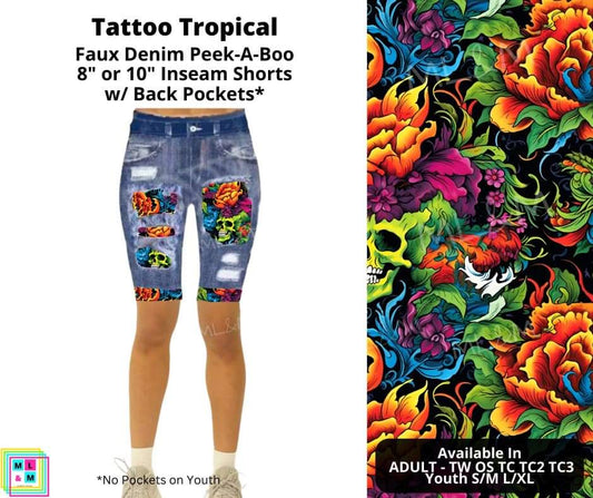 Tattoo Tropical Faux Denim Shorts