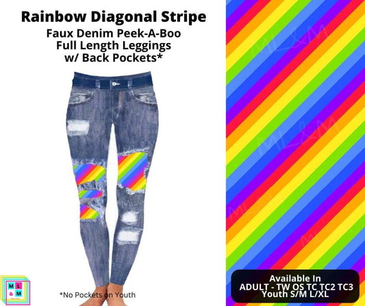 Rainbow Diagonal Stripe Faux Denim Full Length Peekaboo Leggings