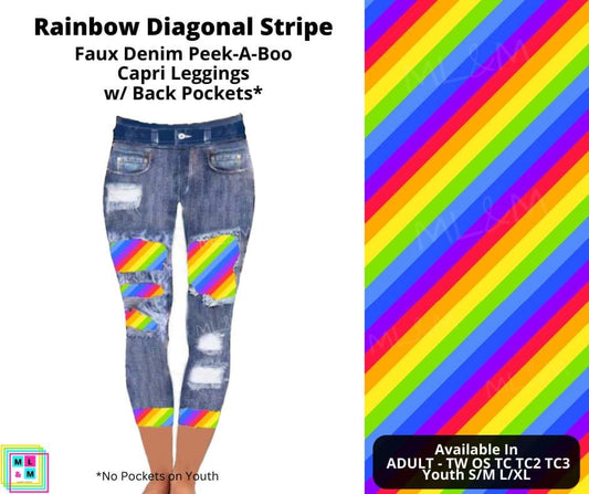 Rainbow Diagonal Stripe Faux Denim Peekaboo Capris