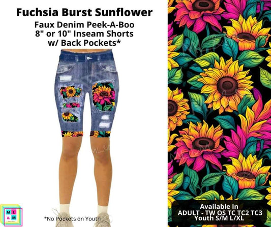 Fuchsia Burst Sunflower Faux Denim Shorts