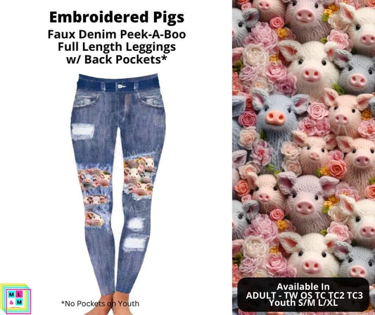 Embroidered Pigs Faux Denim Full Length Peekaboo Leggings