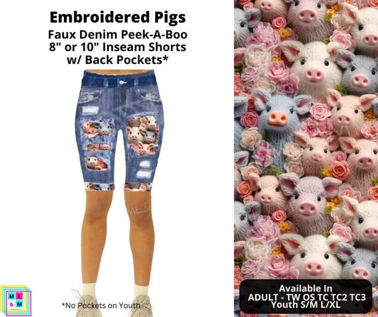 Embroidered Pigs Faux Denim Shorts
