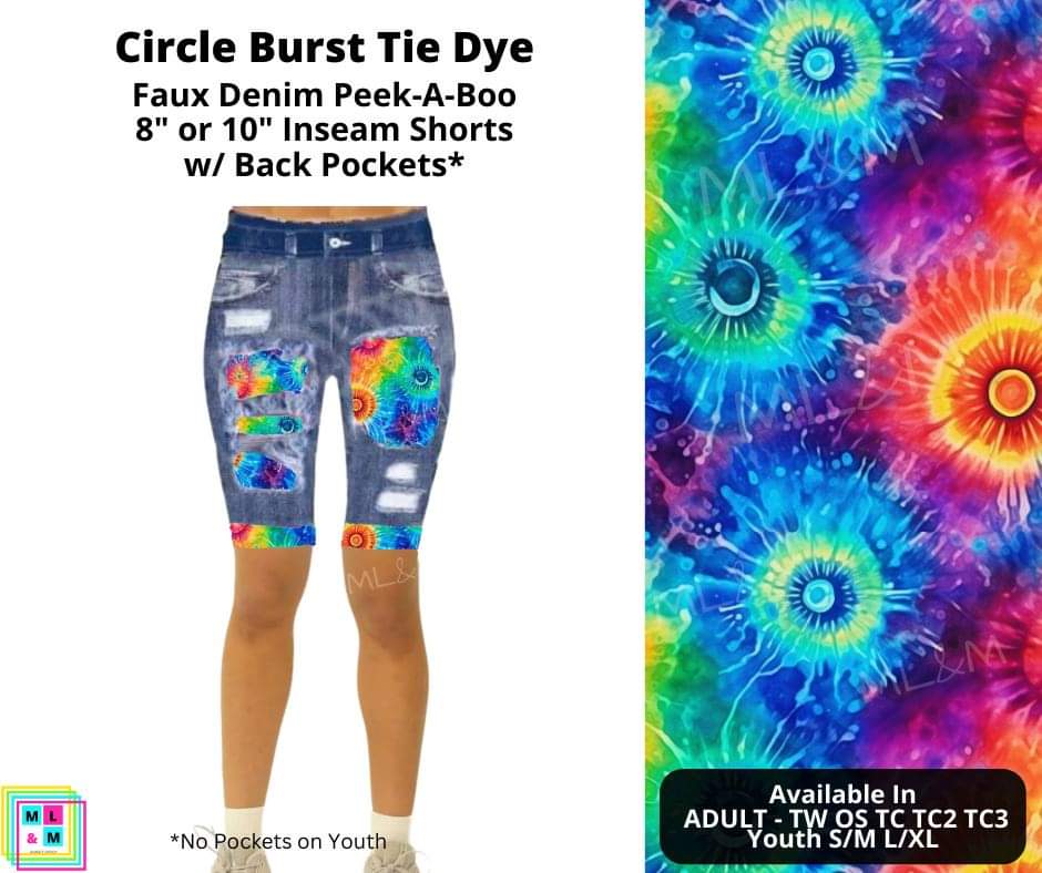 Circle Burst Tie Dye Faux Denim Shorts