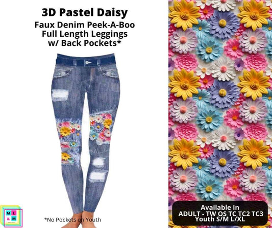 3D Pastel Daisy Faux Denim Full Length Peekaboo Leggings