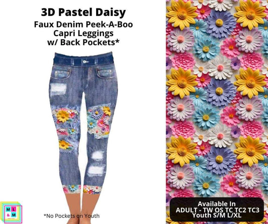 3D Pastel Daisy Faux Denim Peekaboo Capris