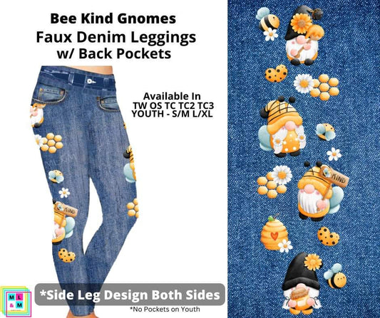 Bee Kind Gnomes Full Length Faux Denim w/ Side Leg Designs