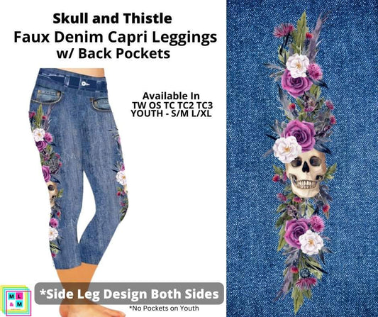 Skull and Thistle Capri Faux Denim w/ Side Leg Designs