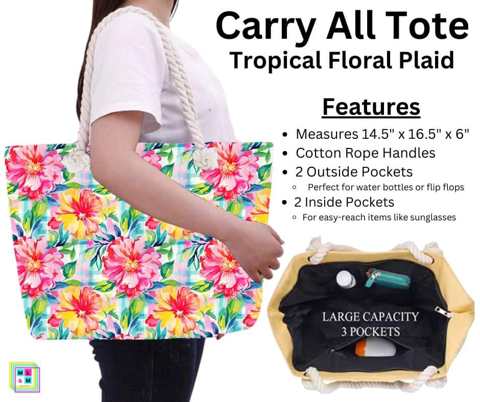 Tropical Floral Plaid Carry All Tote w/ Zipper