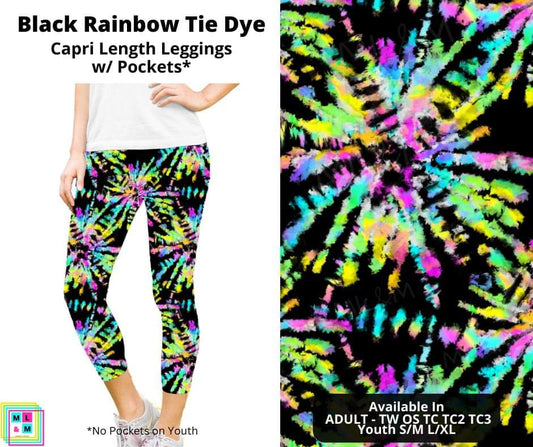Black Rainbow Tie Dye Capri Length Leggings w/ Pockets