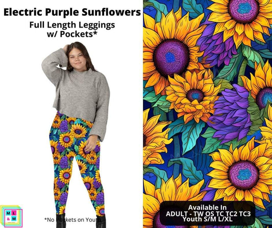 Electric Purple Sunflowers Full Length Leggings w/ Pockets