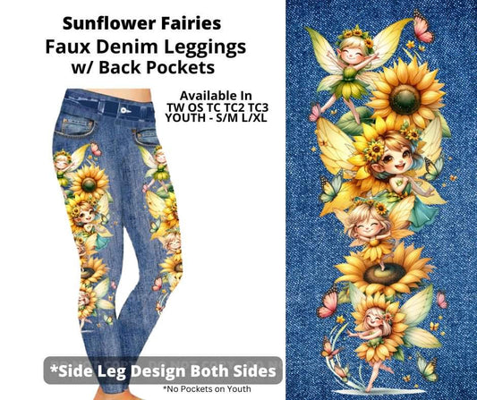 Sunflower Fairies Full Length Faux Denim w/ Side Leg Designs