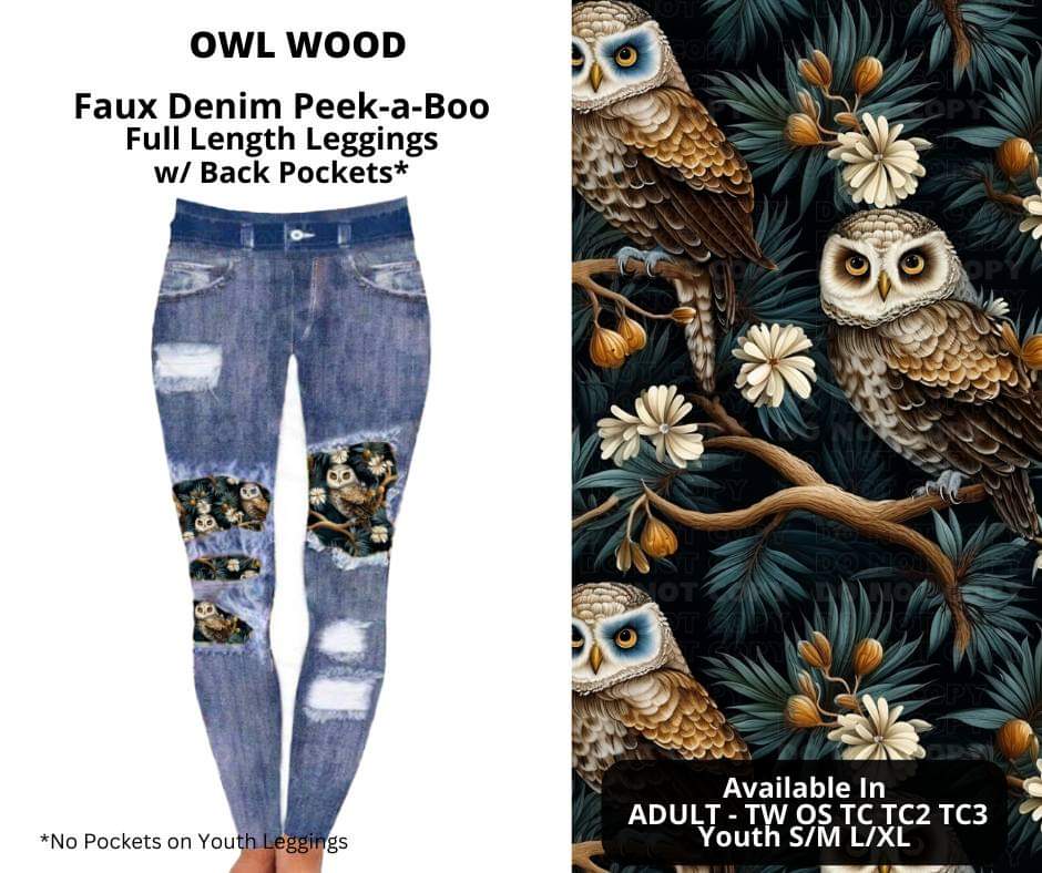 Owl Wood Faux Denim Full Length Peekaboo Leggings