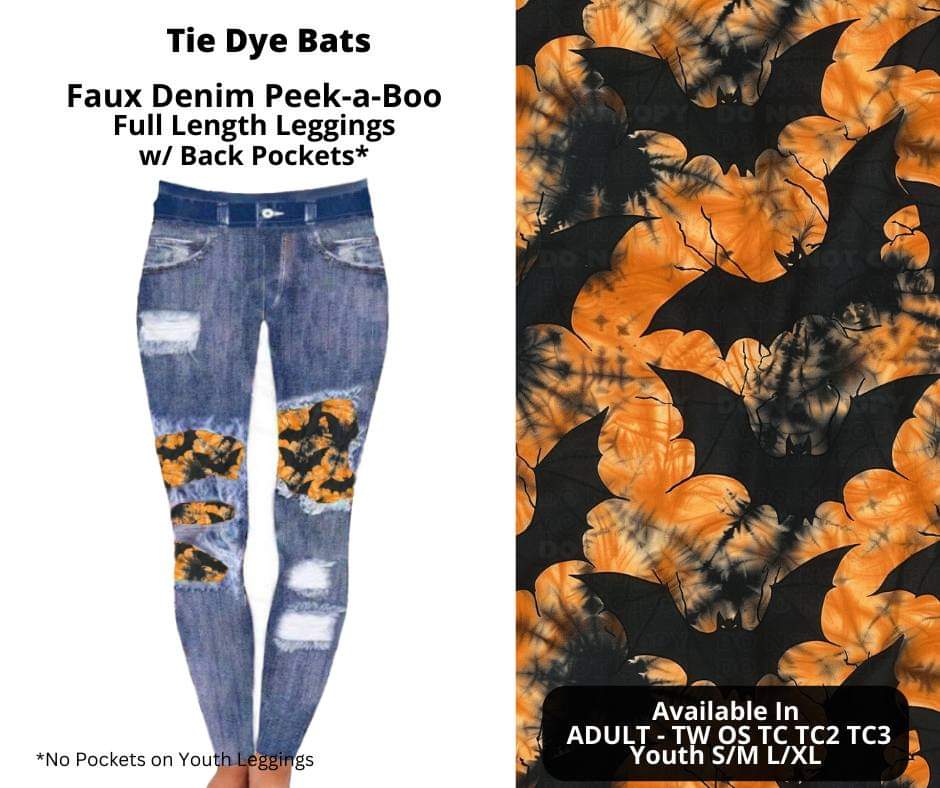 Tie Dye Bats Faux Denim Full Length Peekaboo Leggings