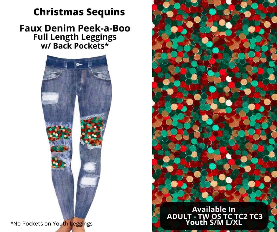 Christmas Sequins Faux Denim Full Length Peekaboo Leggings