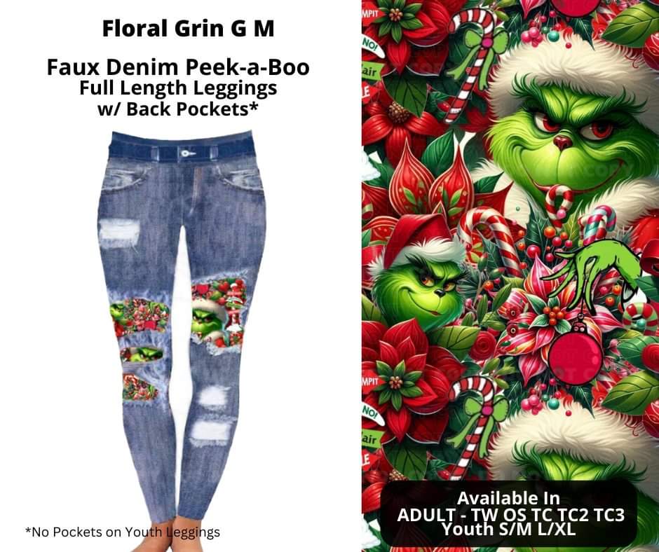 Floral Grin G M Faux Denim Full Length Peekaboo Leggings