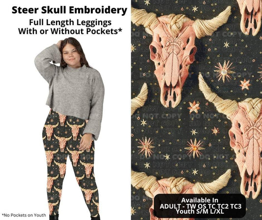 Preorder! Closes 10/23. ETA Dec. Steer Skull Embroidery Full Length Leggings w/wo Pockets