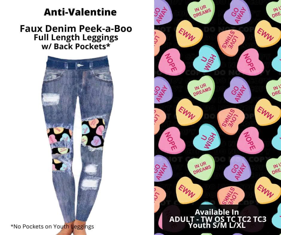 Anti-Valentine Faux Denim Full Length Peekaboo Leggings