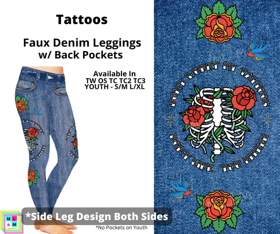 Tattoos Full Length Faux Denim w/ Side Leg Designs