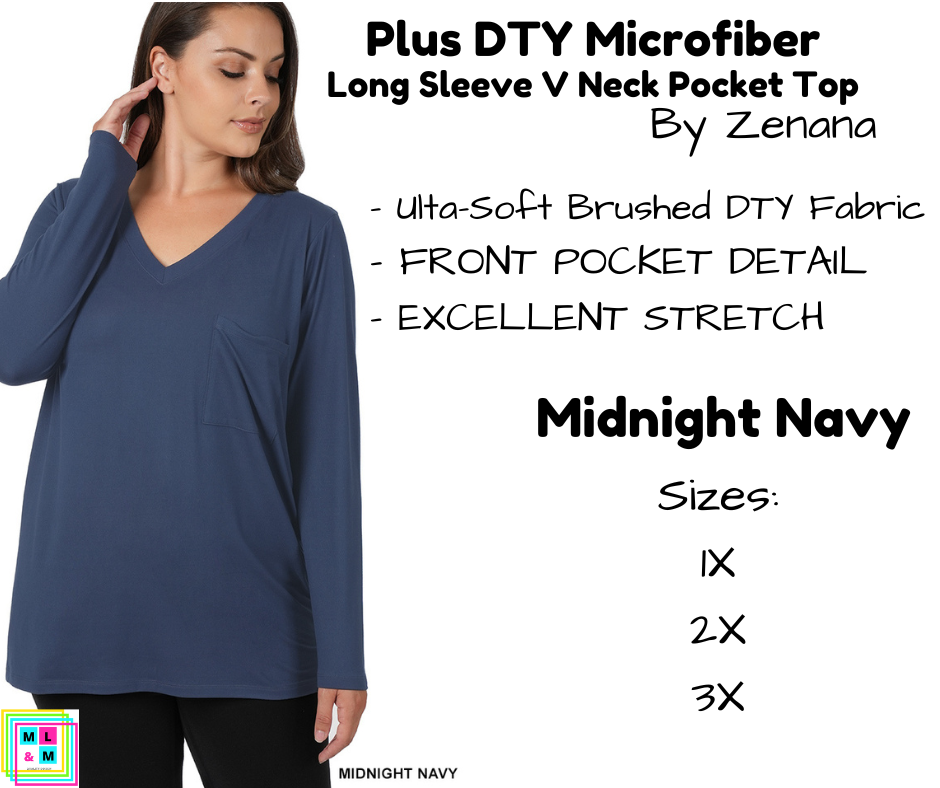 PLUS DTY Microfiber Long Sleeve V Neck Pocket Top - Midnight Navy