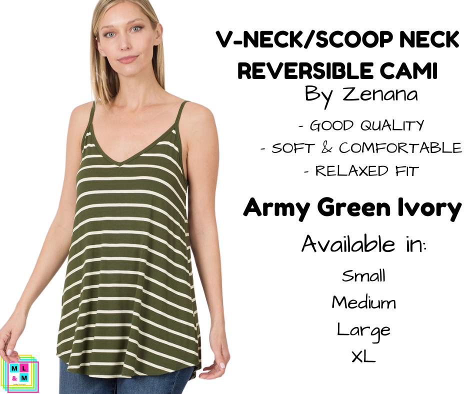 V-Neck/Scoop Neck Reversible Cami - Army Green/Ivory