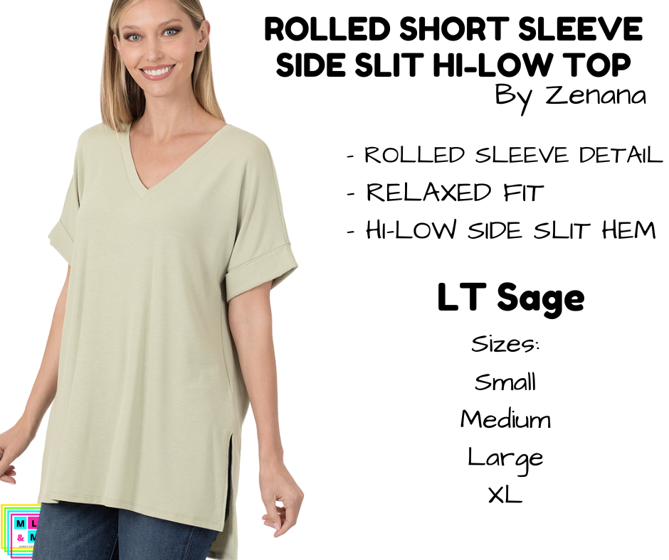 Rolled Short Sleeve Side Slit Hi-Low Top - LT Sage