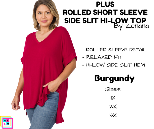 PLUS Rolled Short Sleeve Side Slit Hi-Low Top - Burgundy