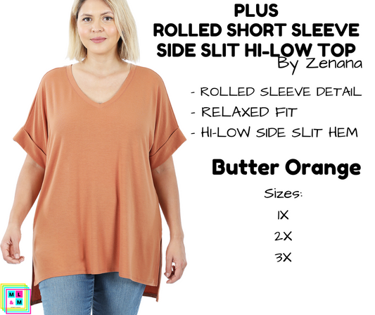 PLUS Rolled Short Sleeve Side Slit Hi-Low Top - Butter Orange