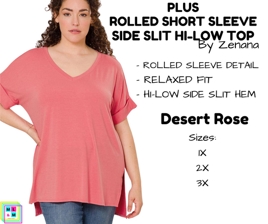 PLUS Rolled Short Sleeve Side Slit Hi-Low Top - Desert Rose