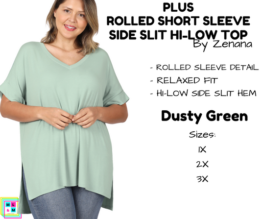 PLUS Rolled Short Sleeve Side Slit Hi-Low Top - Dusty Green